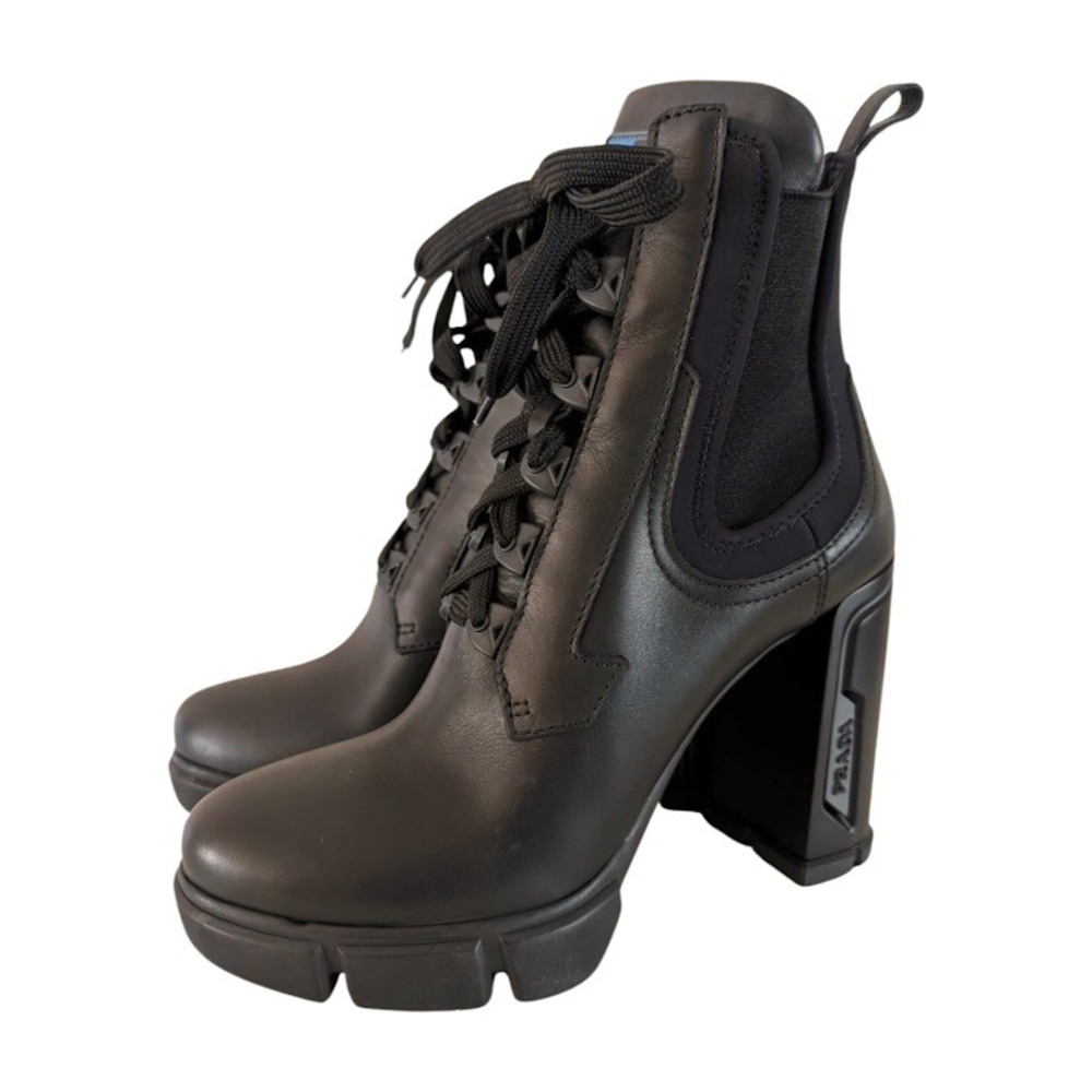 NIB Prada Black Leather Lace Up Chunky Heel Chelsea‎ Boots Women's 39.5 - Picture 4 of 12